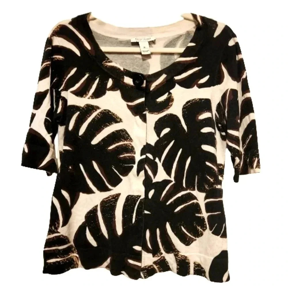 White House Black Market frond pattern 100% cotton cream/black cardigan Size Med
